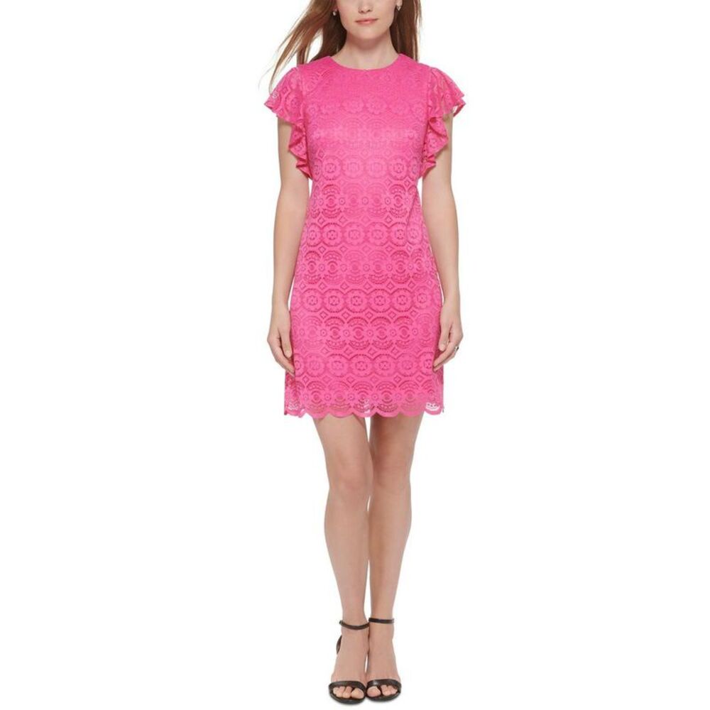 Jessica Howard Womens Pink Lace Mini Flutter Sleeve Sheath Dress Petites NWT